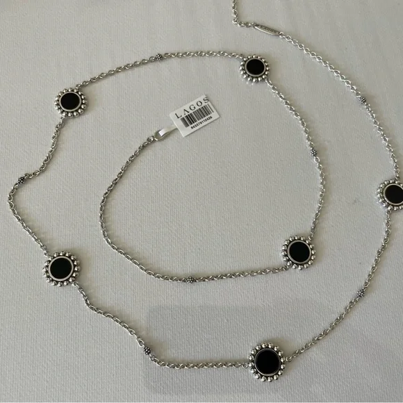 LAGOS Silver Maya Necklace Black Onyx Station 34” - Picture 1 of 2